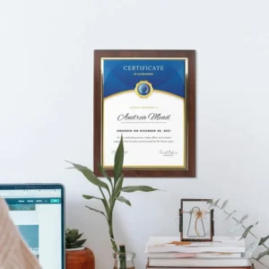 10.5 X 13 Certificate Display Plaque Offered in Coated Cherry Wood with an 8.5 X 11 Gold Frame Slide in Your Diploma