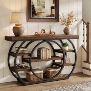 120cm Industrial Console Table 5 Tier Metal Frame Narrow Entryway Hallway Behind Couch Living Room Rustic Brown