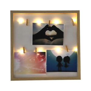 15*15 Square Wood Picture Frame with Linen Rope Led Light Photo Collage Wire Clothespin UV Printed Wall Hanging Frame