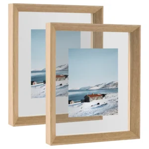 2 Pack 8×10 Floating Picture Frame Light Oak Double Glass Picture Frame Display Wall Mount or Table