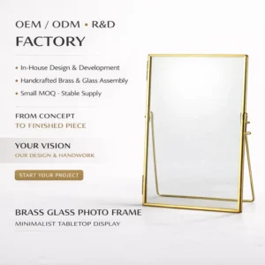 Brass Square Handmade Double Glass Photo Frame with Gold Metal Floating Design