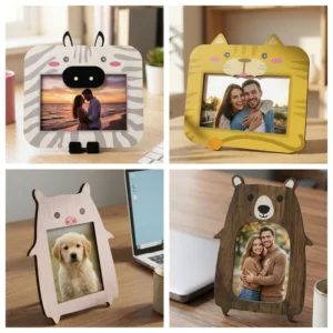 Creative Cartoon Pine Wood Animal Photo Frame with Double Layer Design UV Printing Cute Zebra Bear Lion Cat Desktop Ornament