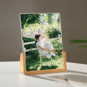Custom Double Panel Wood Frame Acrylic U Shaped Photo Simple Wooden Picture with Pine Base for Desktop Display