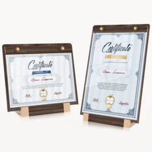 Custom Walnut Desktop Display Frame Portable Business License Authorization Certificate Wood Base Acrylic Sign Stand Display