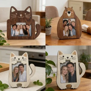 Cute Animal Rustic Solid Wood Photo Frames for Family Home with Cat & Bear Shapes Creative Design for Home Desktop Decoration