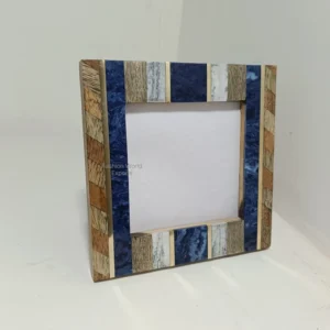 Decorative Square 4×4 Inch Photo Frame Elegant Wood Blue Resin Brass Inlay Handcrafted Durable Eco Friendly Natural Look