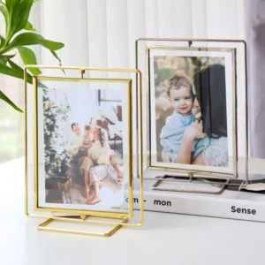 Desktop Silver 5×7 Floating Gold Picture Frames Metal Clear Double Glass Rotating Advertising Wedding Photo Frame Golden