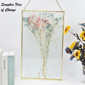 Double Glass Floating Frame with Brass Gold Photo Stand Hanging Wall Decorative Hexagonal Stand for Wedding