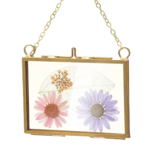 Glass Crafts Pressed Flowers 3.5 X 2.5 Inch Double Floating Picture Frame Brass Hanging Photo Frame with Chain Wall Decor