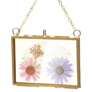 Glass Crafts Pressed Flowers 3.5 X 2.5 Inch Double Floating Picture Frames Brass Hanging Photo Frame With Chain Wall Decor