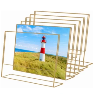 Gold Edge Acrylic Photo Frame L Shape Slant Back Picture Holder Clear Tabletop Display Stand