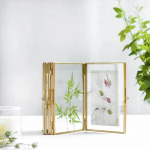 Golden Rectangular Glass Photo Frame With Inlay Printing Tabletop Display Floating Design Shatterproof Feature