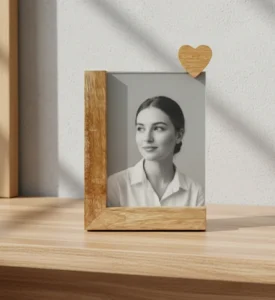 Handcrafted Natural Wood Photo Frame Heart Accent Romantic Solid Wood Tabletop Frame Home Decor & Gifting