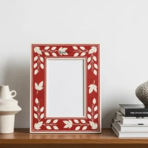 Handcrafted Red Bone Inlay Frame Floral Pattern Decorative Photo Frame