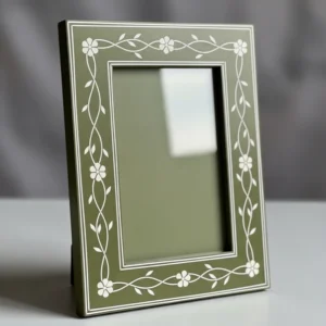 Handcrafted Sage Green Bone Inlay Photo Frame with Floral Vine Design – Luxury Decorative Picture Frame for Home & Office Decor