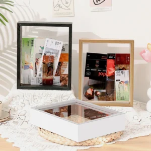 Handmade A4 Square Photo Frame Double Sided Wooden Shadow Box with Plexiglass Metal Displaying Ticket Collection Home Decor