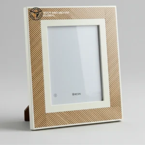 Handmade White Wooden Rectangle Photo Frame Modern Creative Design Striped Corner Inlay Eco Friendly Horizontal Wall Mounted