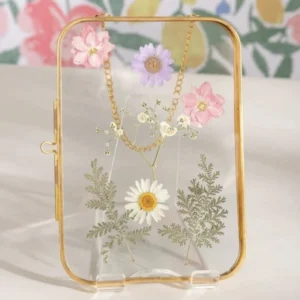 High Rectangular Brass Acrylic Photo Frame With Inlay Dried Flowers Handmade Tabletop Display Vertical Orientation