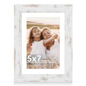 Hongkee 5×7 Rectangular Wooden Photo Frame with Glass Display Distressed White Finish Wall Tabletop Mounting 1 Pack
