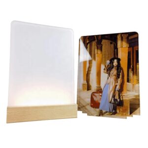 Hot Selling Warm Color Sublimation Led Acrylic Photo Frame Sheet Panel with Wood Led Light Base Holder Tabletop