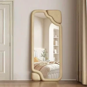 Irregular Cream Full Length Mirror Velvet Frame Asymmetrical Floor Wall Mounted Mirror for Bedroom Decor