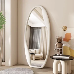 Irregular Oval Full Length Mirror Cream Velvet Fluffy Frame Floor Wall Mounted Mirror for Bedroom Decor