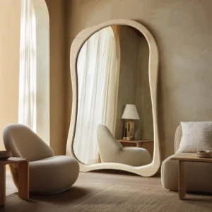 Irregular Wavy Full Length Mirror Cream Velvet Frame Floor Wall Mounted Mirror for Bedroom Living Room Decor
