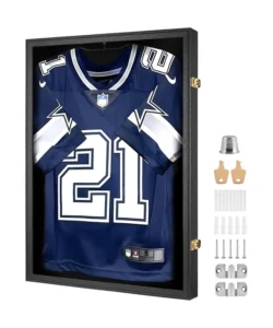 Jersey Frame Display Case Football for Wall Lockable Shadow Box with Hanger for Hockey Soccer Basketball Baseball Shirts Black