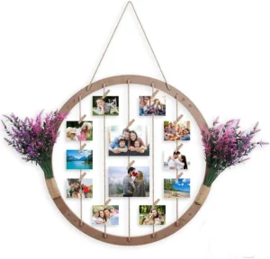 Large Round Wood Handmade Customized Logo Picture Photo Collage Frame for Wall Decor Rustic Hanging Display