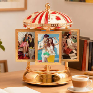 Luxurious 24K Gold Carousel Music Box Photo Frame 8 Carousel Photo Frames with Red Enamel for Baby Shower Wedding Registry Gift
