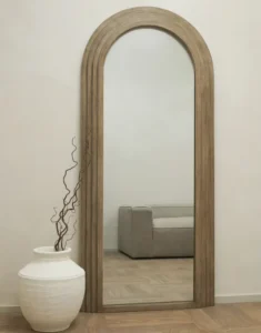 Manufacture FSC BSCI Customized Arch Beige Paulownia Framed Full Length Handmade Minimalist Decorative Floor Standing