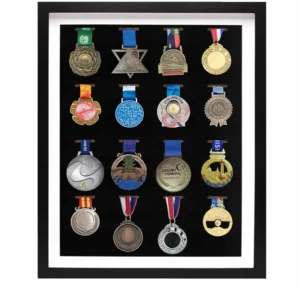 Medal Display Shadow Box Frame case for Medals Display Rack Shelf Hanger Stand with Soccer Music Themed and Race Medals