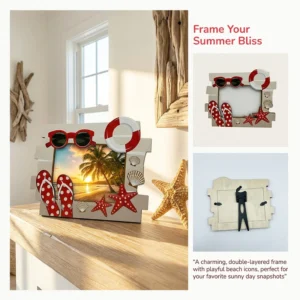 Mediterranean Style Double Layer Rectangle UV Wood Photo Frame Desktop Ornament Ocean Style Shell Starfish Romantic Gift