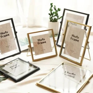 Metal Photo Frame Rectangle Tabletop Adjustable Gold Stamping Brass Finish Horizontal Orientation