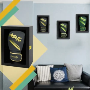 Modern Boxing Glove Display Case Black Wood Wall Mount Mirror Frame Shadow Box with Lock Handmade Eco Friendly
