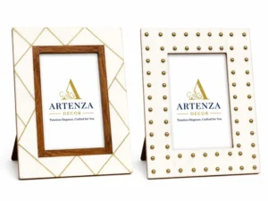 Modern Wooden Rectangle Vertical Photo Frame Desktop Display with Geometric Studded Decorative Art Holder