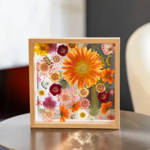 Natural Fall Art Photo Frame Wood Glass Pressed Flower Floating Display for Home Wall or Tabletop Featuring Wildflowers