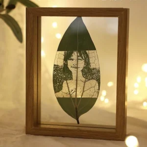 Personalized Leaf Vein Photo Frame Natural Wood Double Glass Floating Laser Engraved Portrait Custom Anniversary Valentine Gift OEM