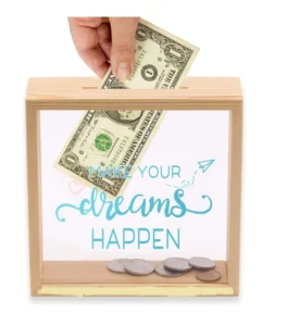 Piggy Banks for Adults Decorative Shadow Box Wooden Frame Coin Bank Money Bank Sized 6.5×6.5×2.2 Inch Natural Wood Money Box