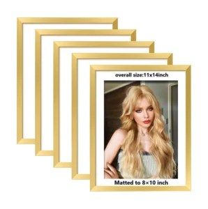Plastic 11×14 Inch Gold Customizable Photo Frame 8×10 Mat Lightweight Shatterproof Wall Tabletop Mountable for Home Decor