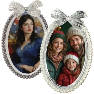 Resin Pearl Picture Frame with Rhinestones Bowknot Ellipse Wedding Family Photos Frame for Tabletop
