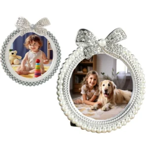 Resin Pearl Picture Frame with Shiny Rhinestone Bowknot Ellipse Photos Frame for Wedding Family Child