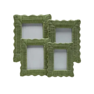 Rustic Green Rattan UV Printed Eco Friendly Scalloped Wicker Photo Frame Tabletop Desktop Art Holder for Living Room Bedroom
