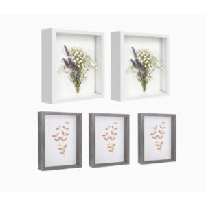 Set of 5 Modern Shadow Box Frames 2 White Square 23x23cm & 3 Grey Rectangular 20x23cm Wall Mount with Pins Screws