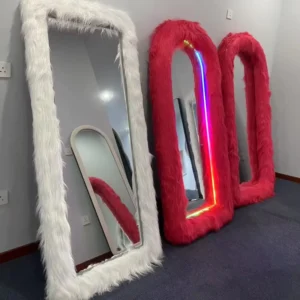 Shaggy Fur Full Length Mirror RGB LED Irregular Fluffy Floor Wall Mirror for Bedroom Decor