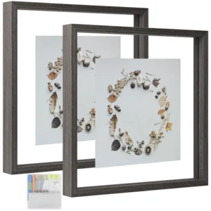 Square 12×12 Floating Wooden Frame Photo Double Glass Picture Frame for Wall Mount or Tabletop Standing With Hanging