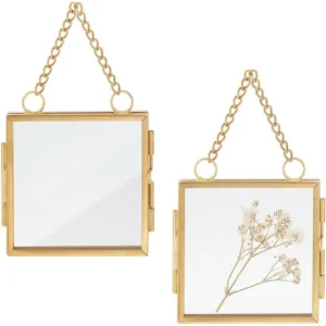 Square Double Floating Picture Photo Frame Brass Hanging Wall Decor with Pressed Flowers Glass Crafts Supply