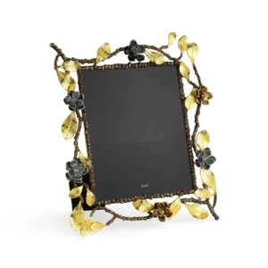Vertical Golden Floral Branch Photo Frame with Metallic Leaves and Flowers Elegant Nature Inspired Decorative Picture Frame