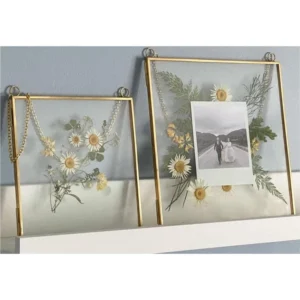 Vintage Gold Metal Glass Photo Frame Aesthetic Wedding Table Decor Floating Frames Portrait & Landscape Pressed Leaf