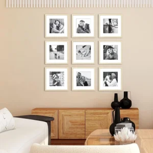 Wall Art Deco or Home Decor Collage Photo Frame 9 Piece Mounted Wooden Square Picture Frame Collage Set